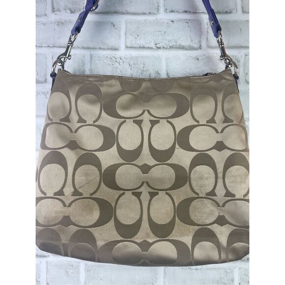 Coach Signature Stripe Hobo Bag F20064 Khaki/Blue Patent Leather Trim - Picture 6 of 16